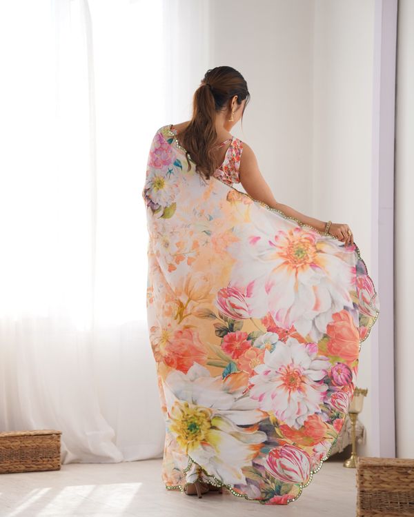 Peach Party Wear Chinon Saree with Mirror Work Border