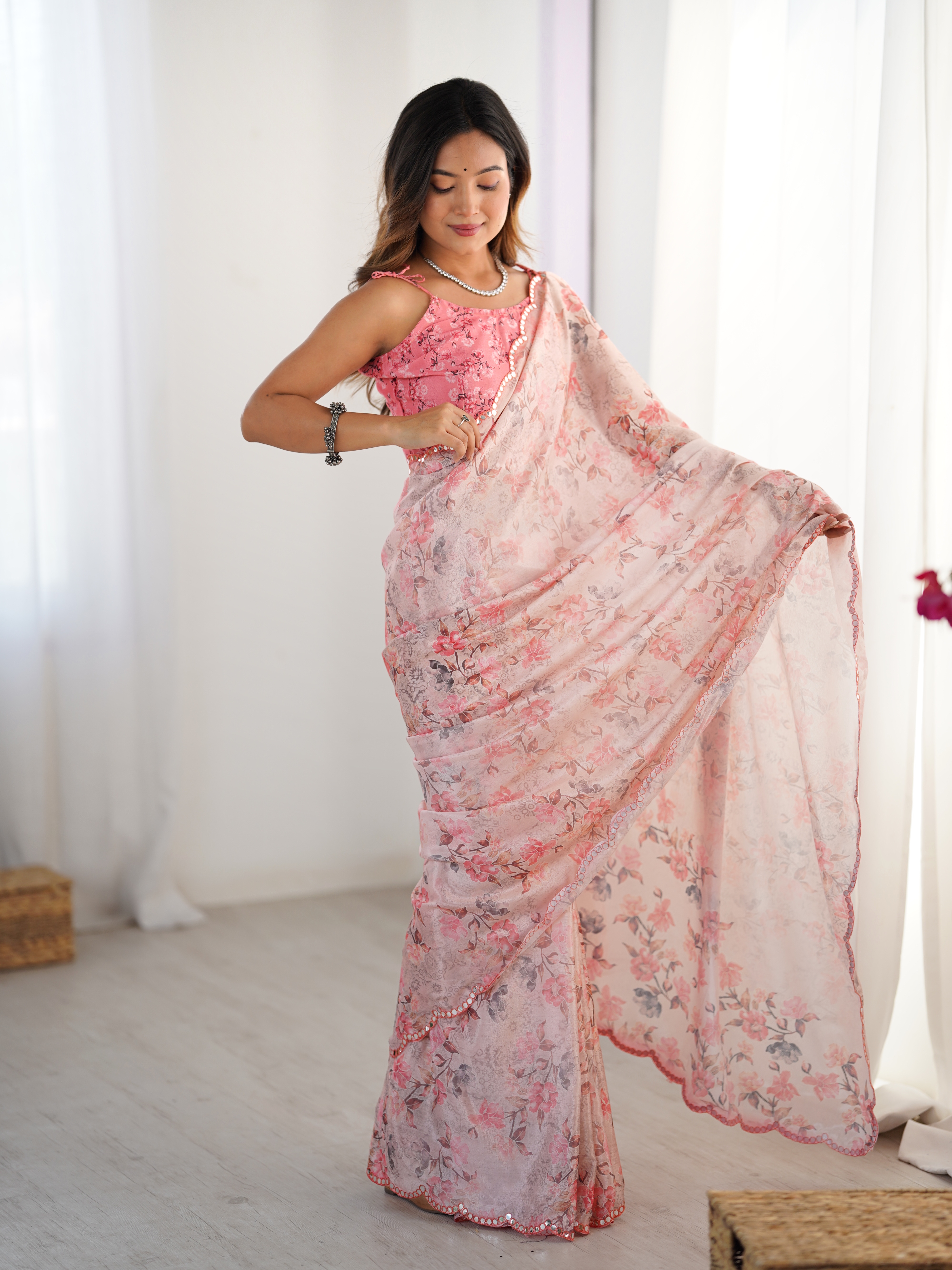 Elegant Blush Pink Chinon Saree with Mirror Work