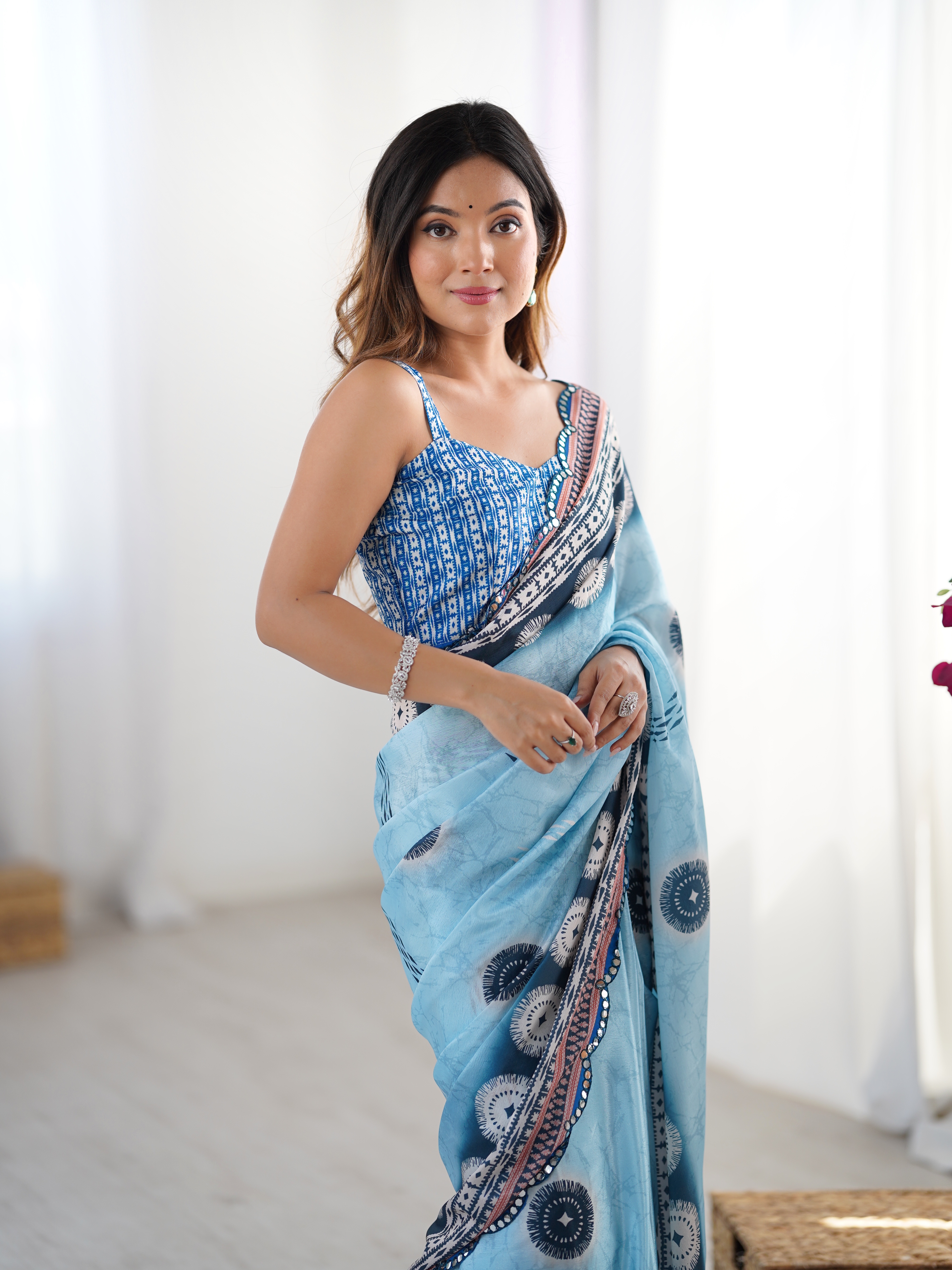 Blue Designer Chinon Saree with Mirror Border