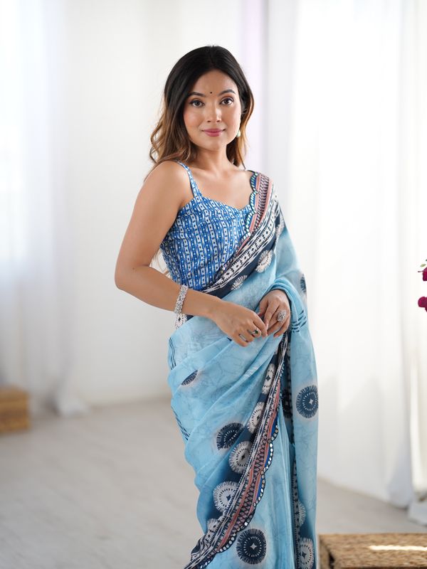 Blue Designer Chinon Saree with Mirror Border