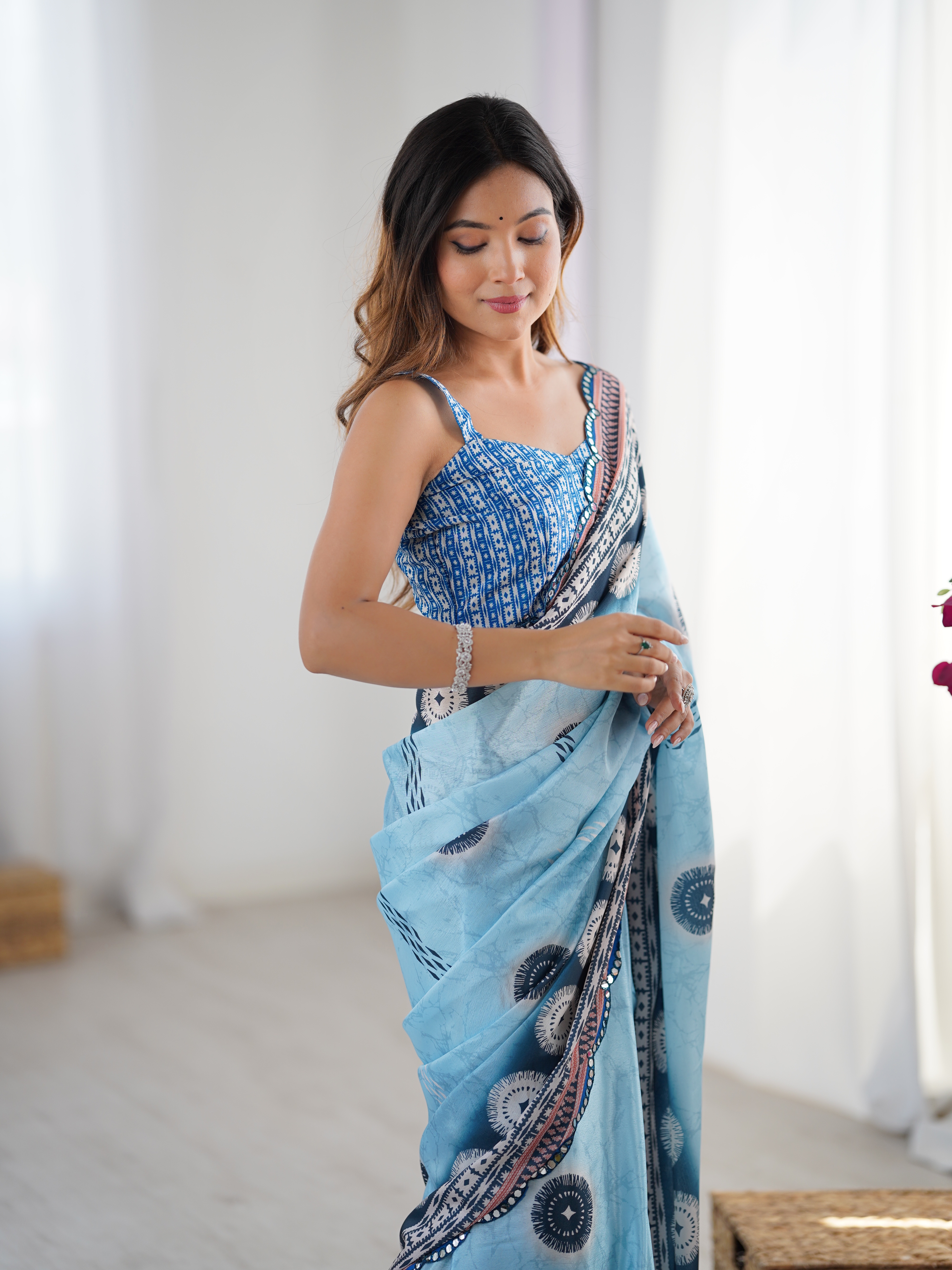 Blue Designer Chinon Saree with Mirror Border