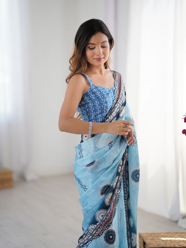 Blue Designer Chinon Saree with Mirror Border