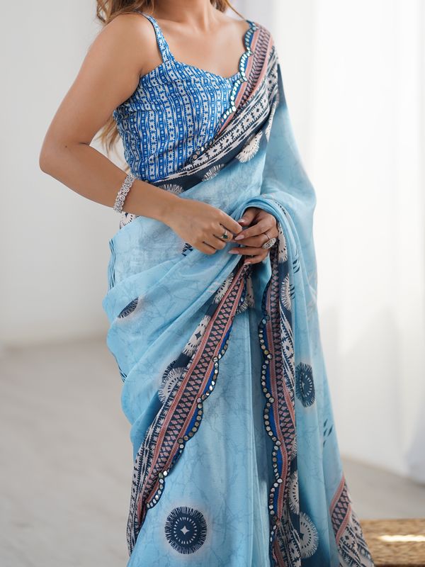 Blue Designer Chinon Saree with Mirror Border
