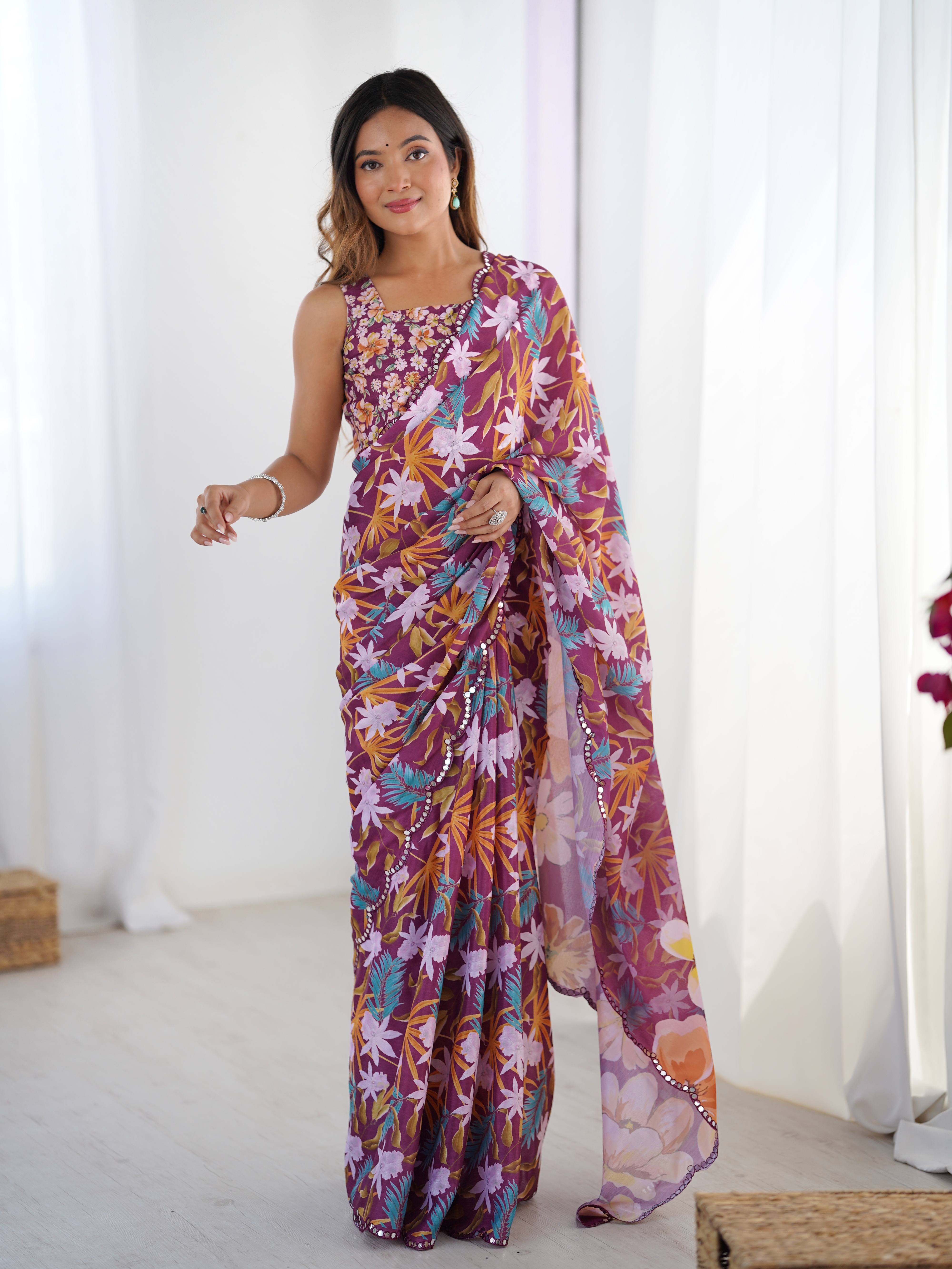 Premium Wine Printed Chinon Saree with Blouse