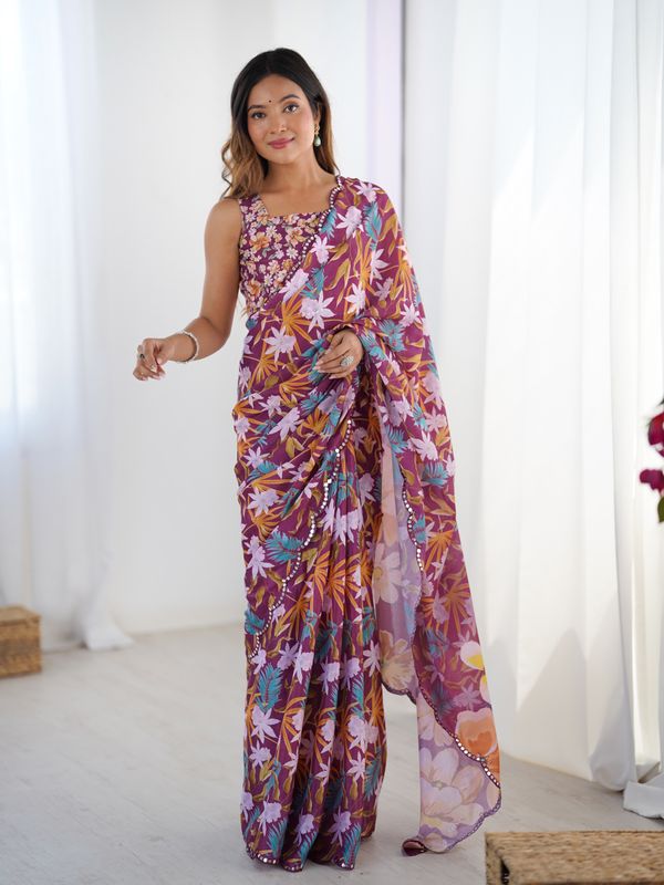 Premium Wine Printed Chinon Saree With Blouse