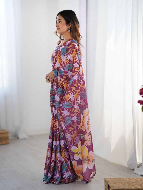 Premium Wine Printed Chinon Saree with Blouse