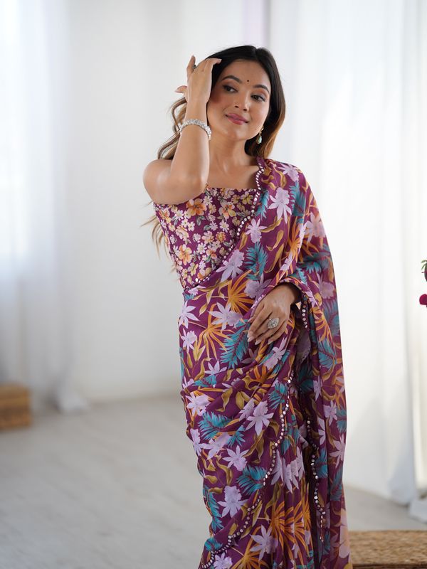 Premium Wine Printed Chinon Saree with Blouse