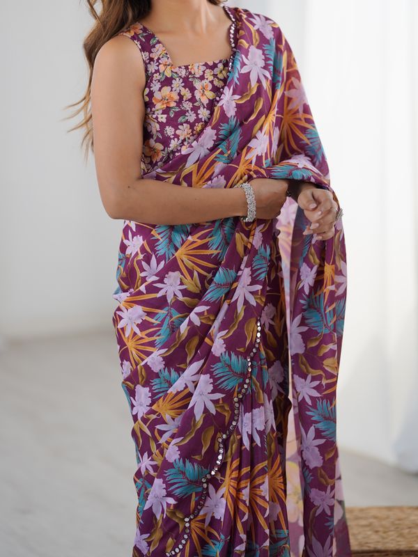 Premium Wine Printed Chinon Saree with Blouse