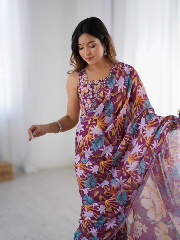 Premium Wine Printed Chinon Saree with Blouse