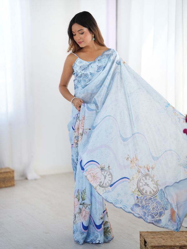 Sky Blue Floral Heavy Chinon Saree With Designer Border