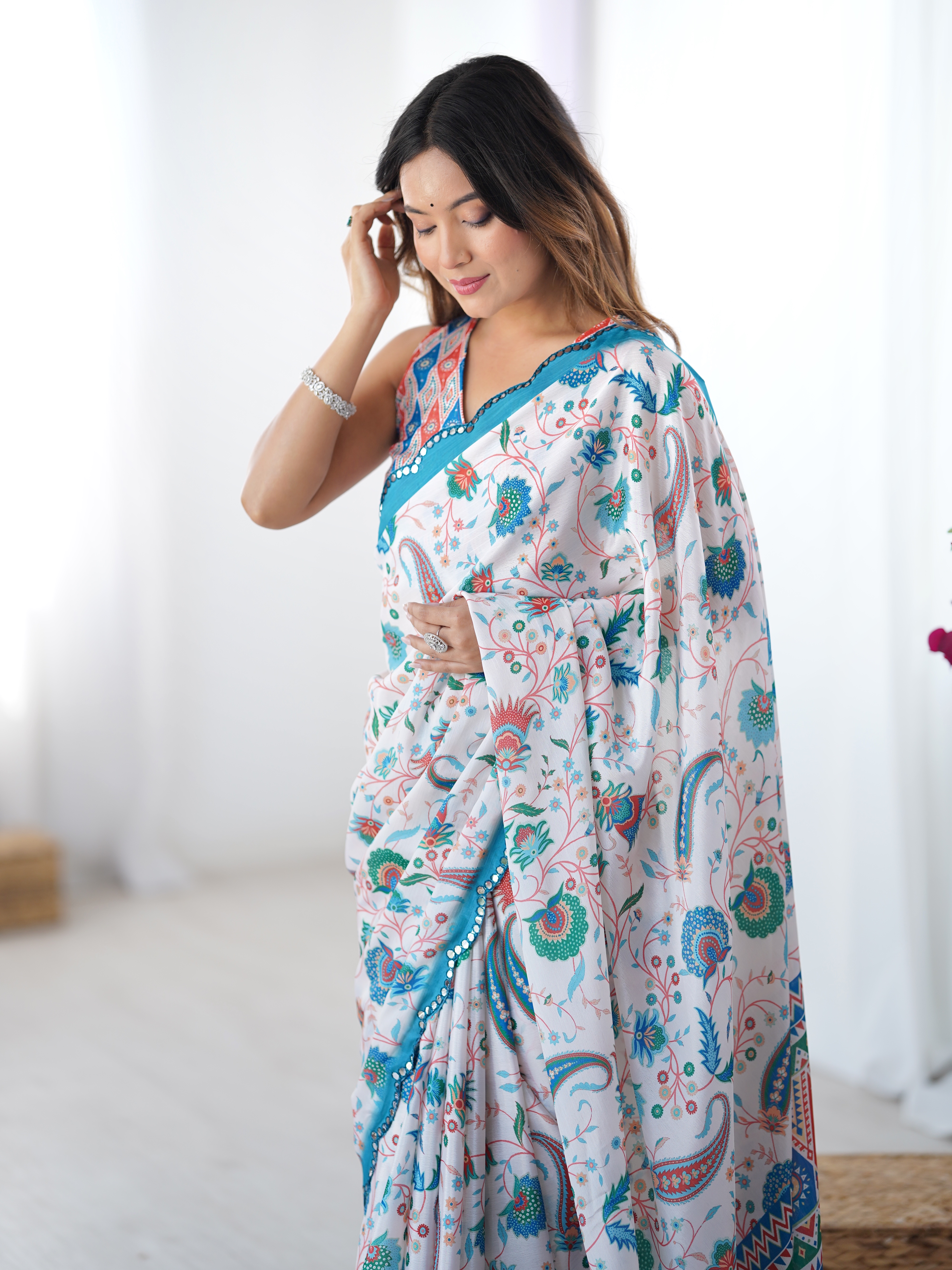 Elegant White Heavy Chinon Party Wear Saree