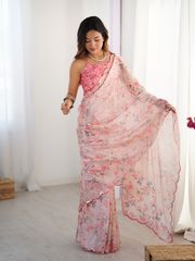 Pink Designer Chinon Saree with Mirror Lace Border - Pink