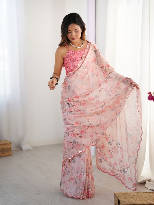 Pink Designer Chinon Saree With Mirror Lace Border