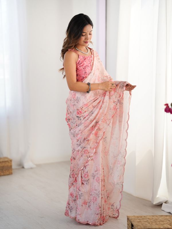 Pink Designer Chinon Saree With Mirror Lace Border