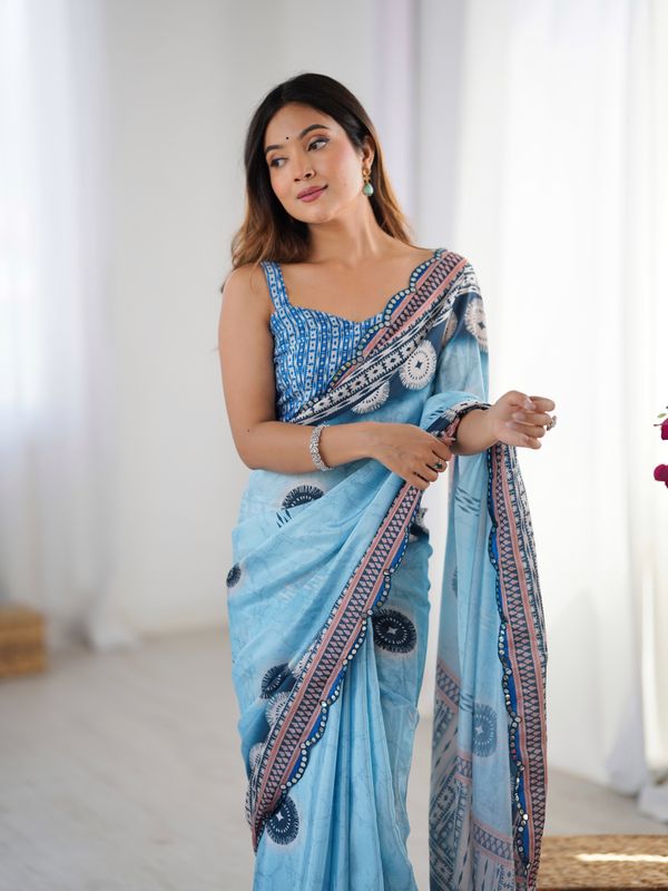 Women's Sky Blue Printed Chinon Saree with Designer Border