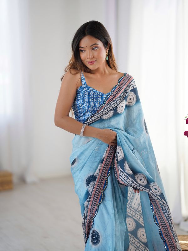 Women's Sky Blue Printed Chinon Saree with Designer Border