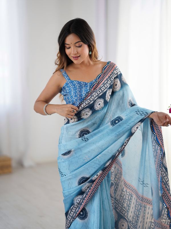Women's Sky Blue Printed Chinon Saree with Designer Border