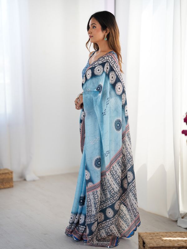 Women's Sky Blue Printed Chinon Saree with Designer Border