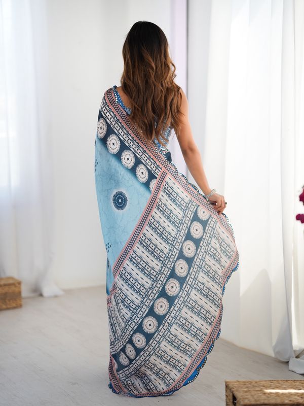 Women's Sky Blue Printed Chinon Saree with Designer Border