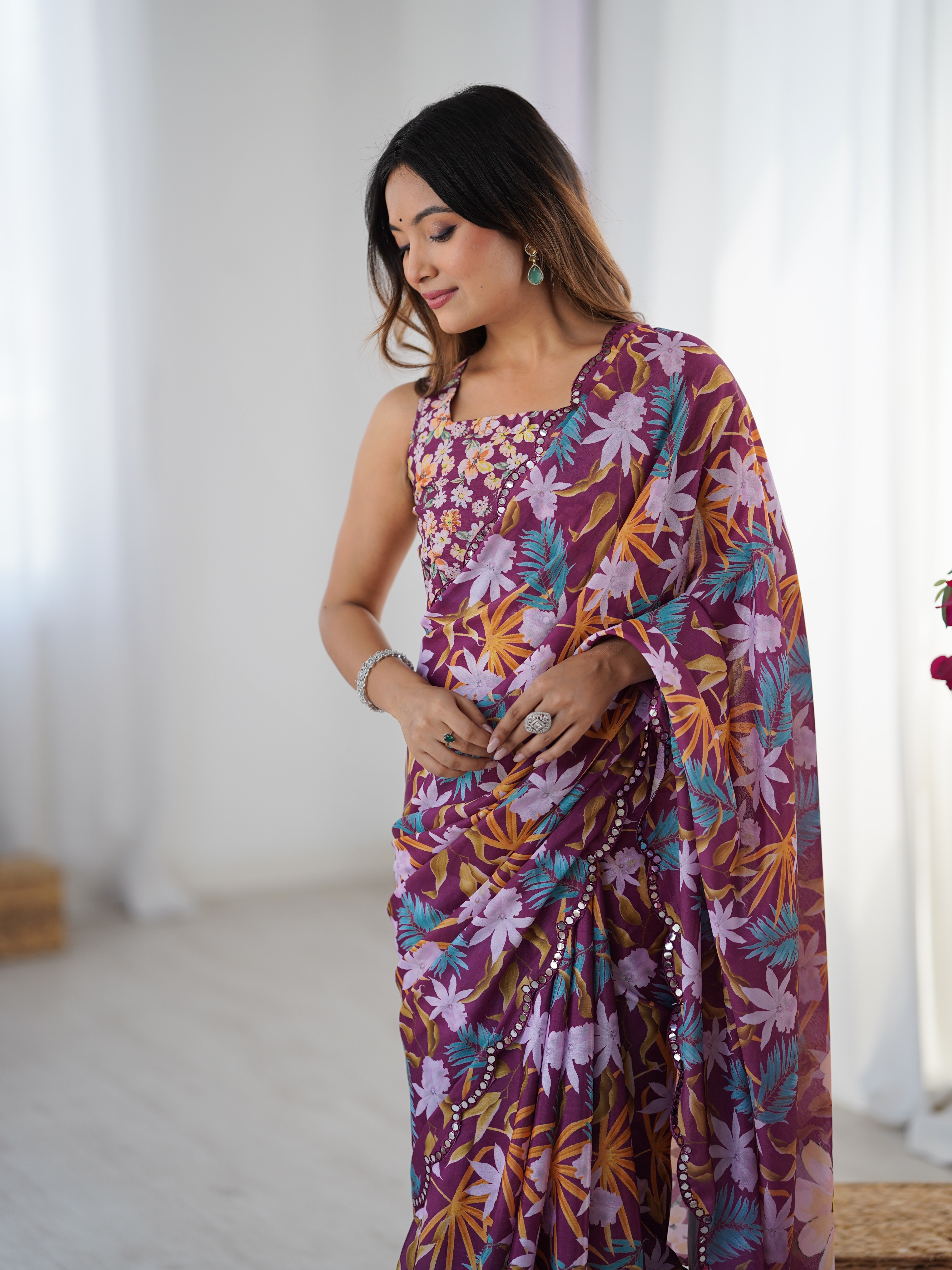 Elegant Wine Printed Chinon Saree with Fancy Border