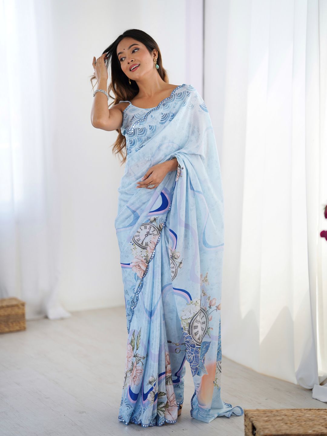 Sky Blue Vintage Print Heavy Chinon Saree with Blouse
