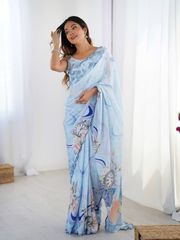 Sky Blue Vintage Print Heavy Chinon Saree with Blouse - Sky Blue