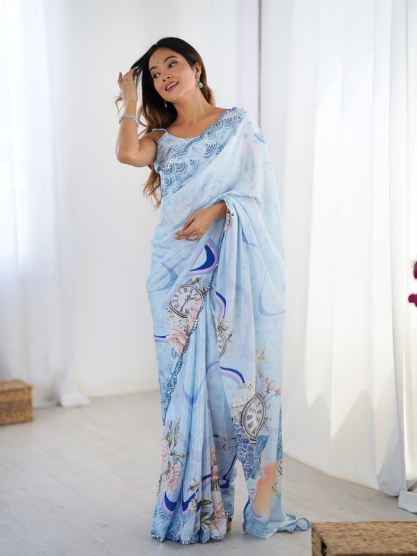 Sky Blue Vintage Print Heavy Chinon Saree With Blouse