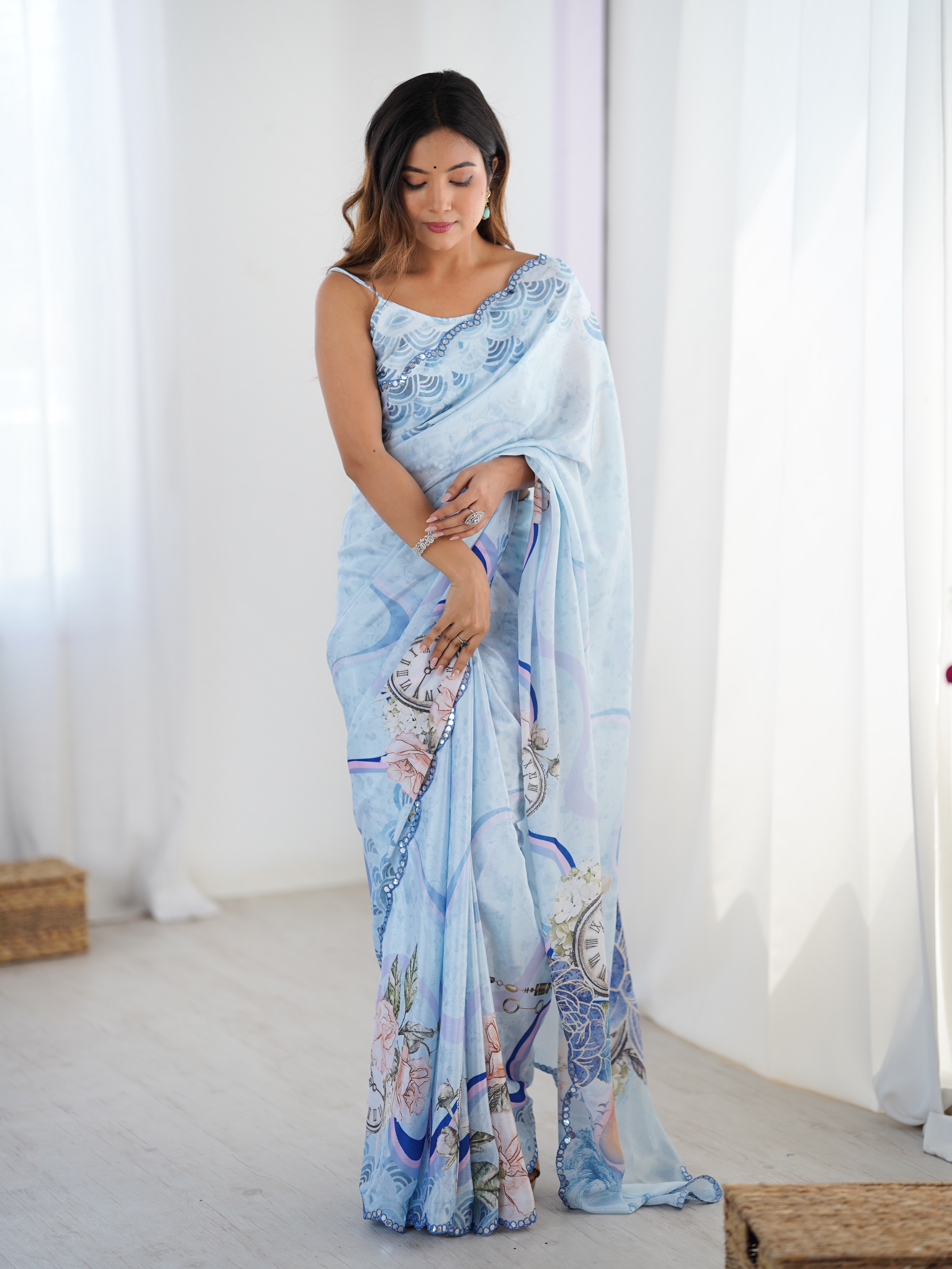 Sky Blue Vintage Print Heavy Chinon Saree with Blouse