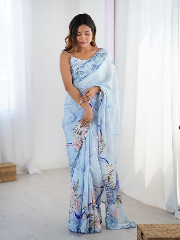 Sky Blue Vintage Print Heavy Chinon Saree With Blouse