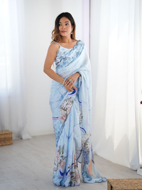 Sky Blue Vintage Print Heavy Chinon Saree with Blouse