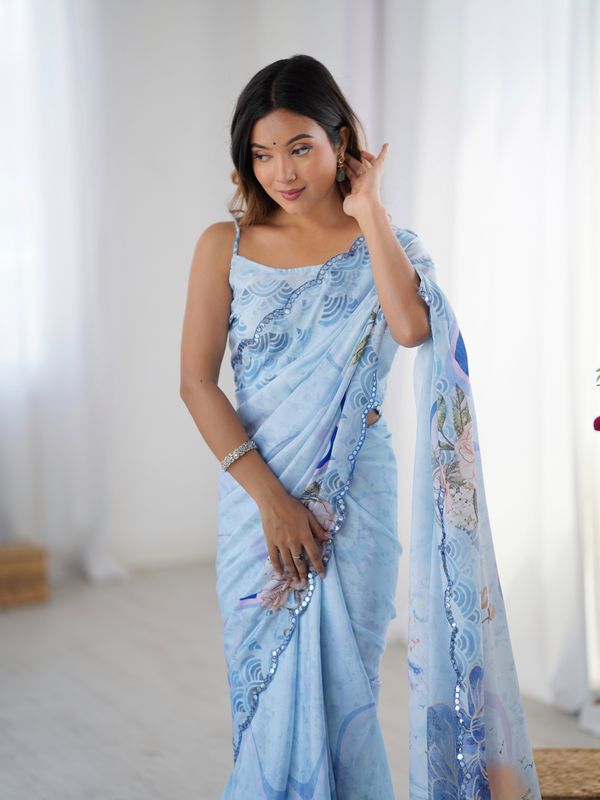 Sky Blue Vintage Print Heavy Chinon Saree with Blouse