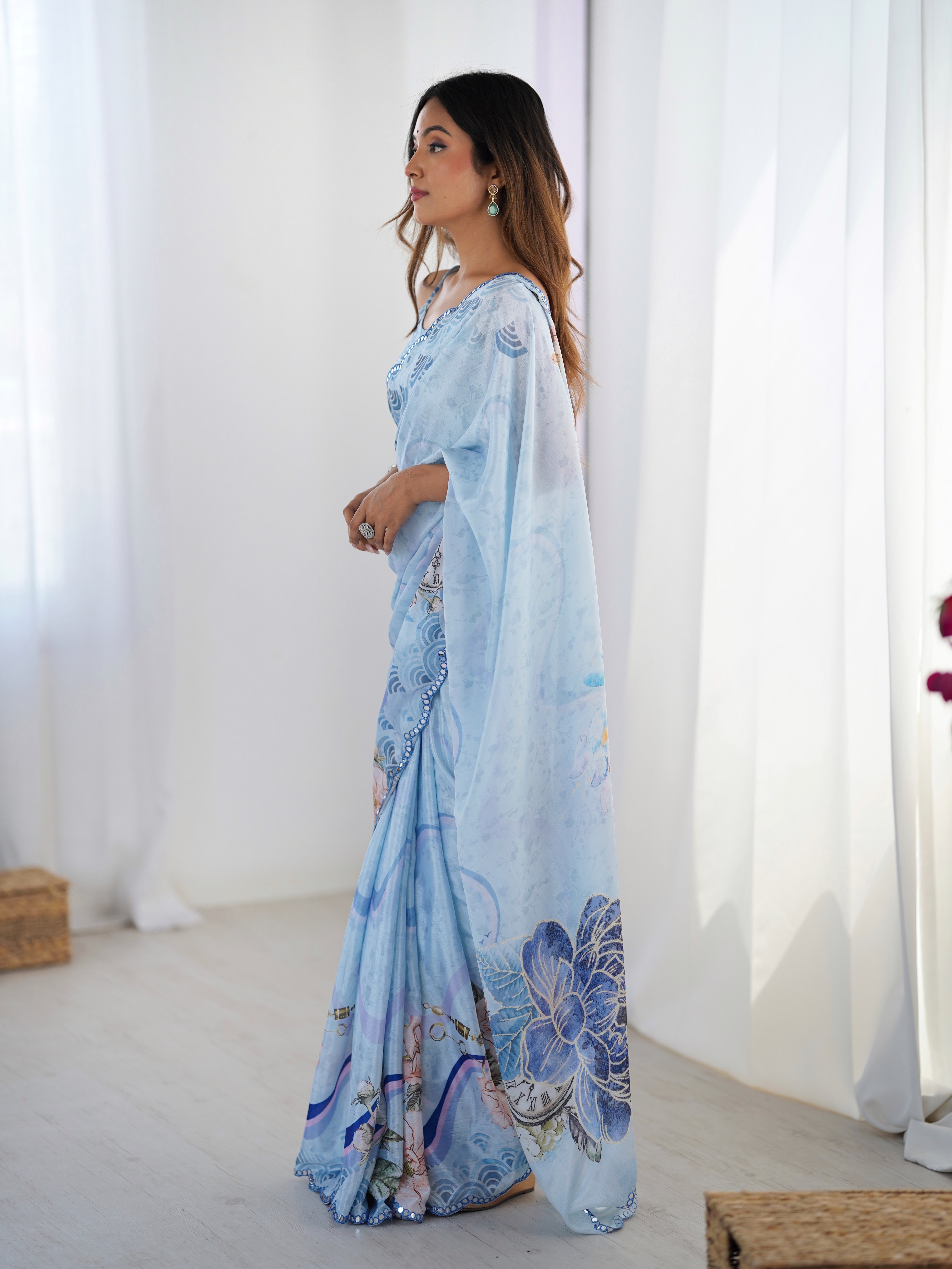 Sky Blue Vintage Print Heavy Chinon Saree with Blouse