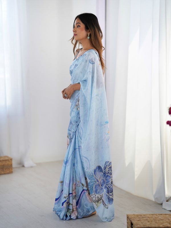 Sky Blue Vintage Print Heavy Chinon Saree with Blouse
