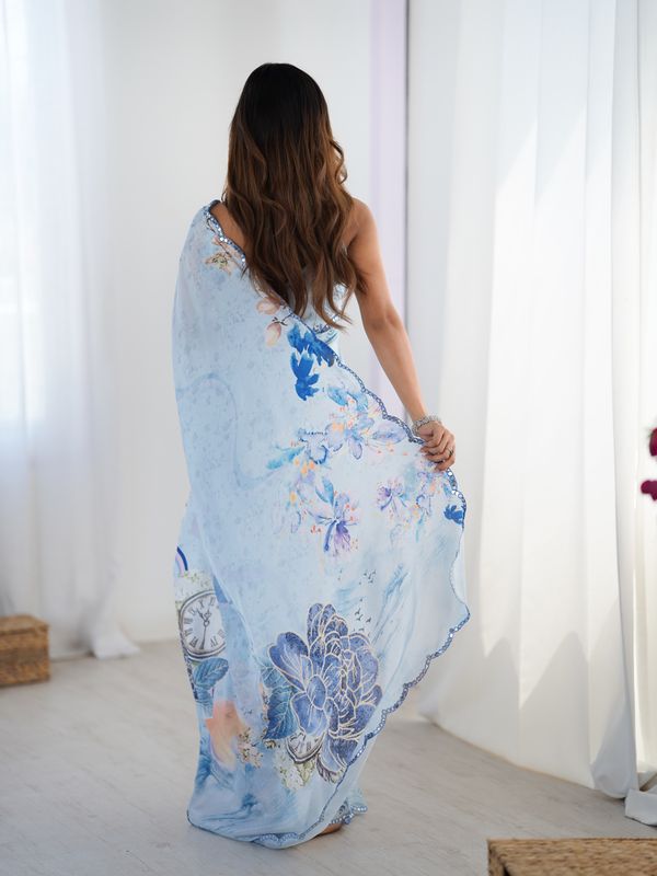 Sky Blue Vintage Print Heavy Chinon Saree with Blouse