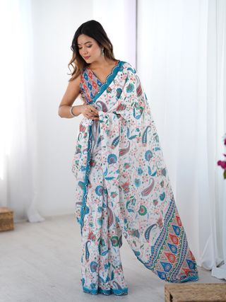 Designer Ivory Heavy Chinon Saree with Mirror Border