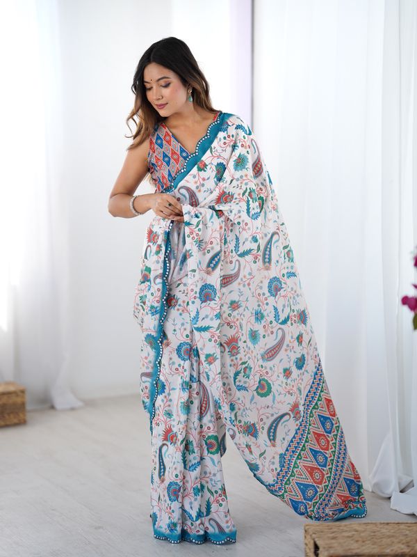 Designer Ivory Heavy Chinon Saree With Mirror Border