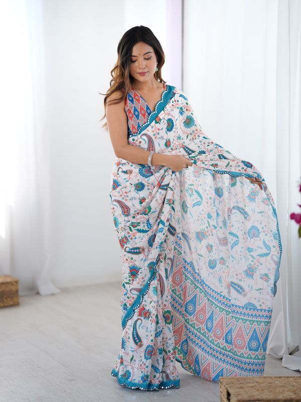 Designer Ivory Heavy Chinon Saree With Mirror Border