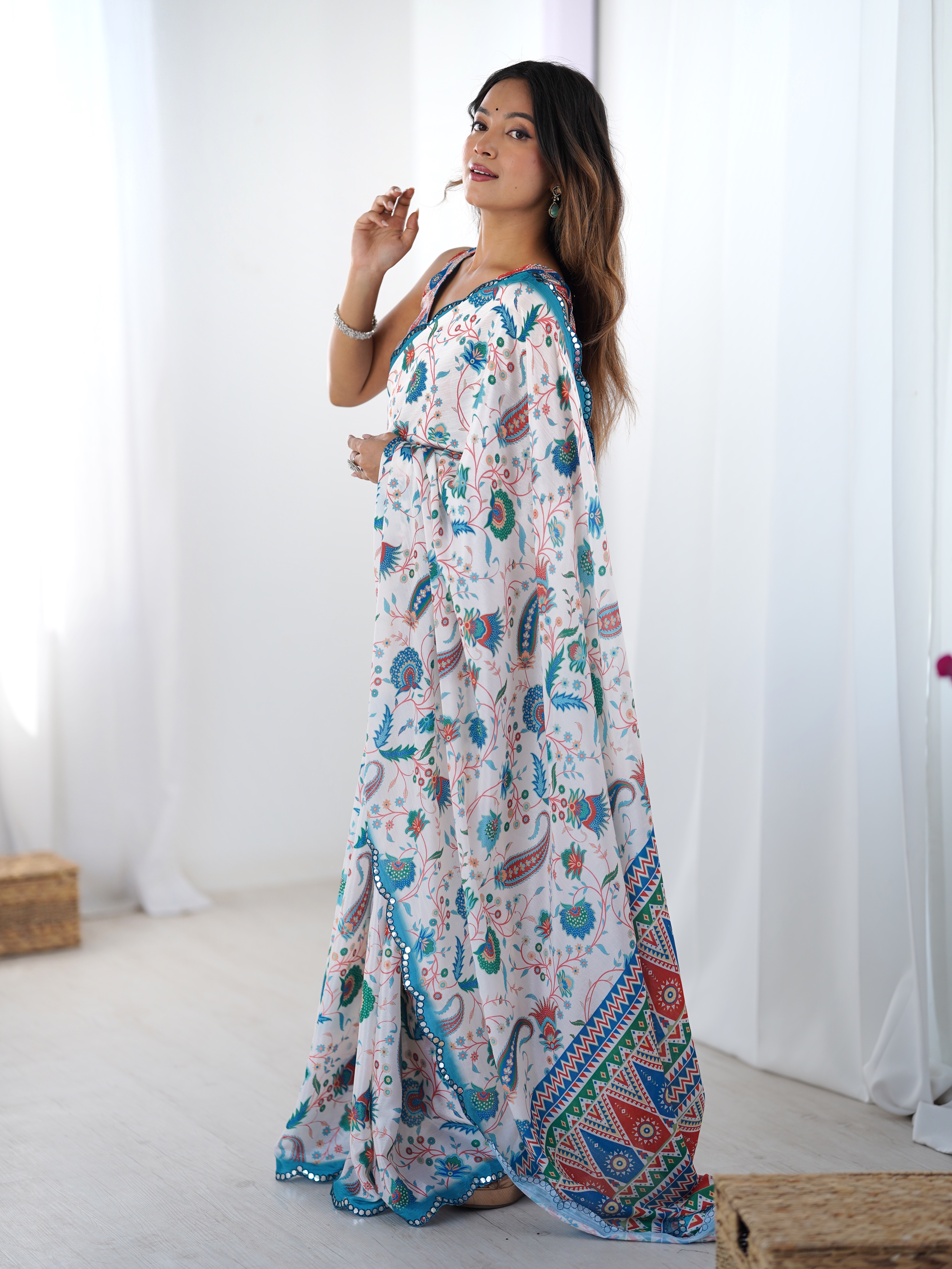 Designer Ivory Heavy Chinon Saree with Mirror Border
