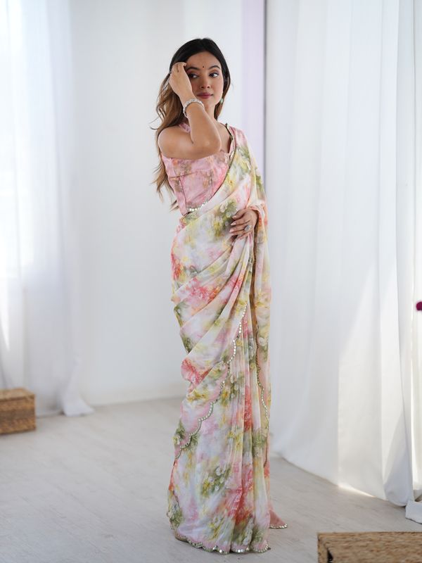 Blush Floral Heavy Chinon Saree With Blouse