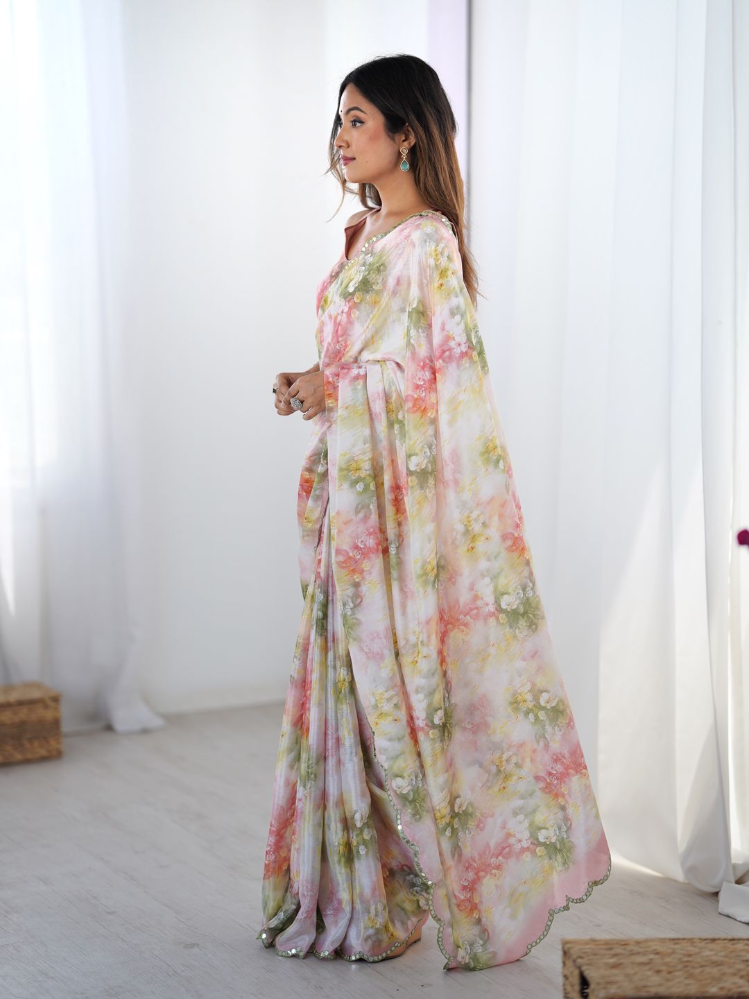 Blush Floral Heavy Chinon Saree with Blouse