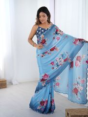 Premium Sky Blue Party Wear Chinon Saree - Sky Blue