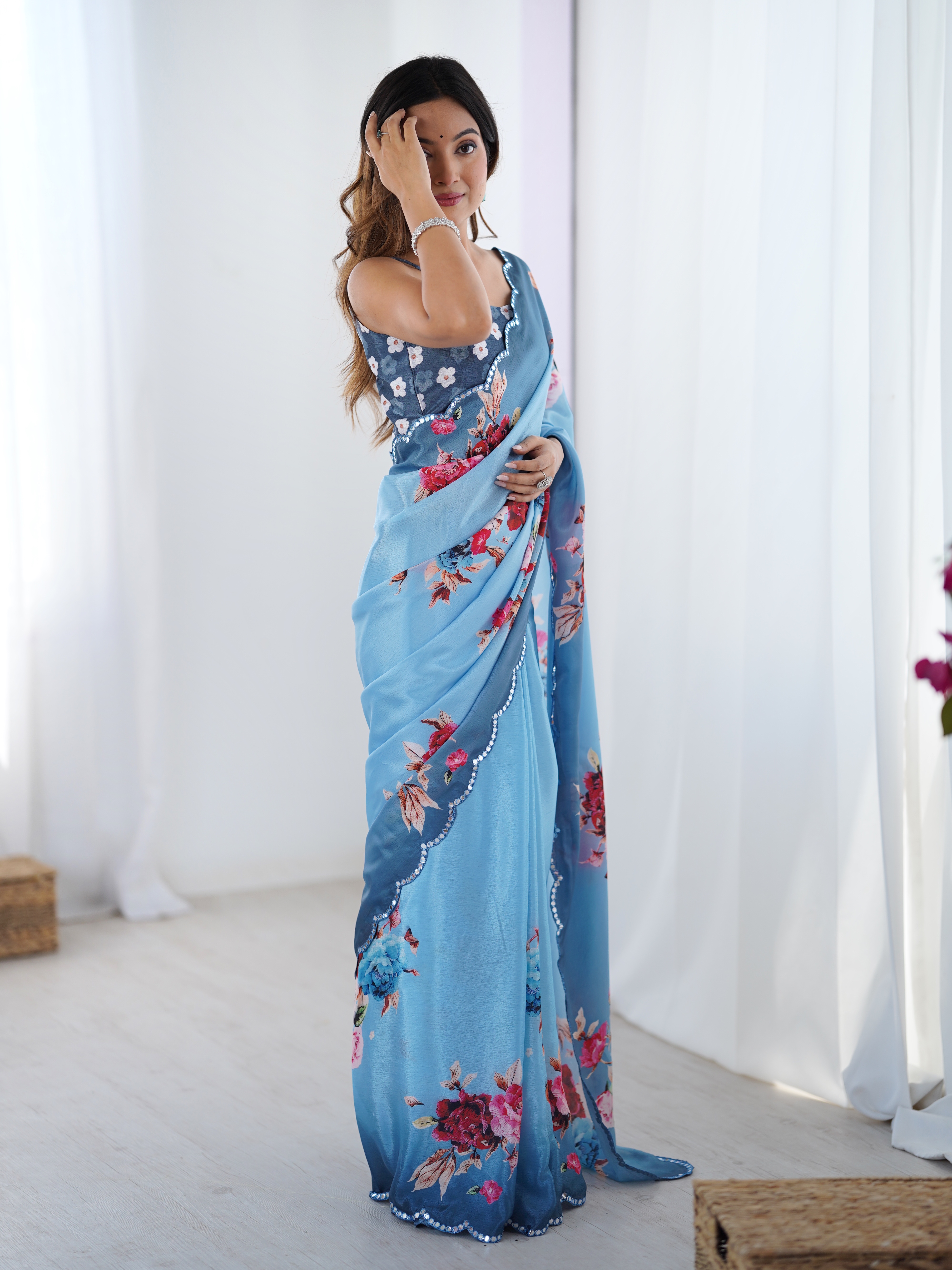 Premium Sky Blue Party Wear Chinon Saree