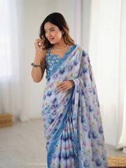 Elegant Powder Blue Printed Heavy Chinon Saree - Blue
