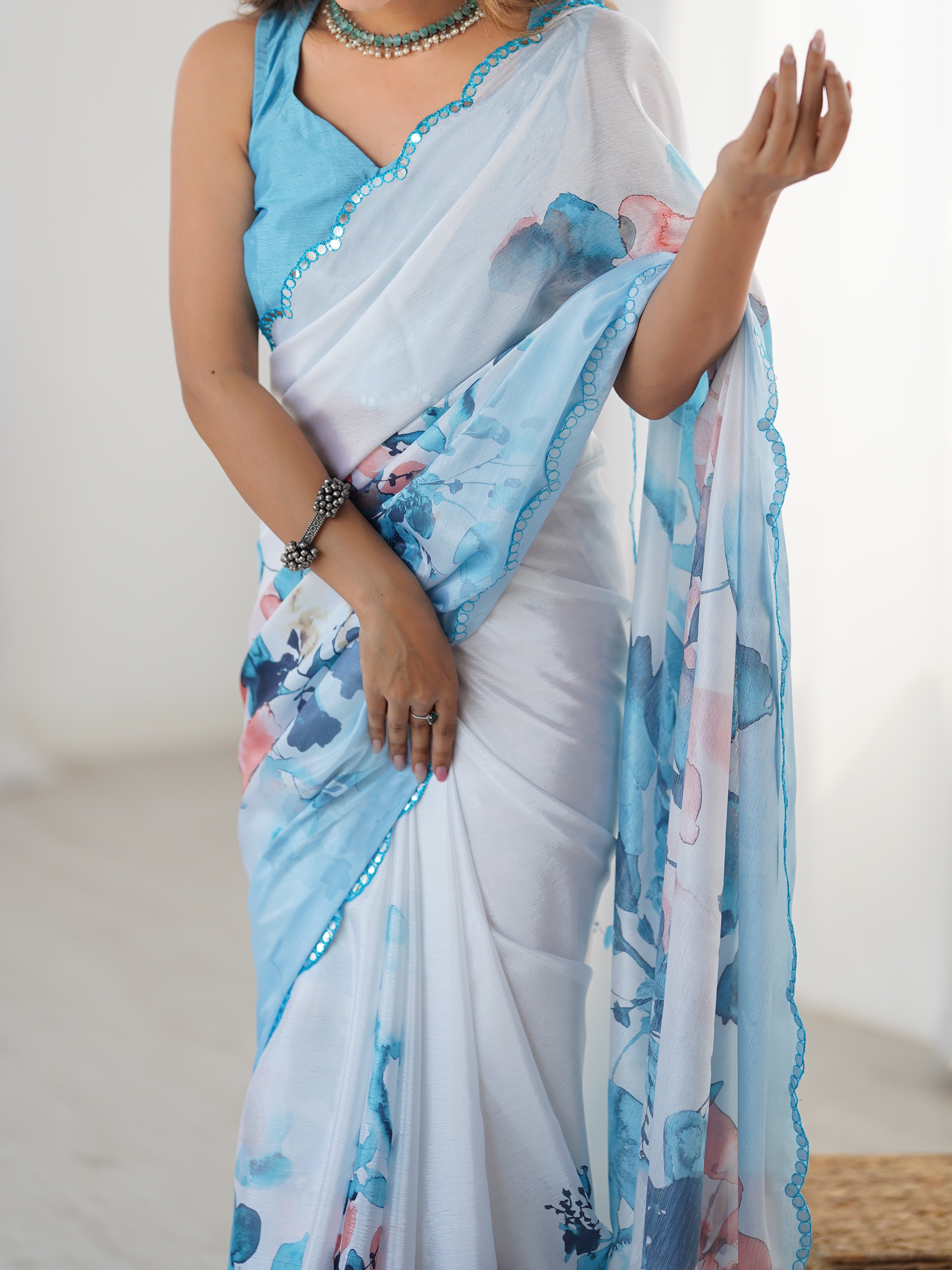 Elegant Aqua Printed Heavy Chinon Saree