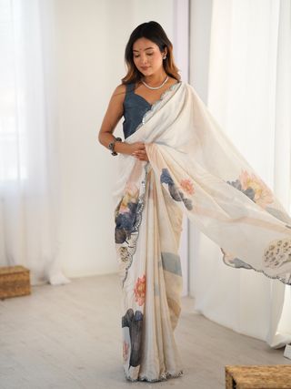 Ivory Beige Luxury Chinon Saree