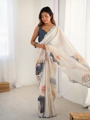 Ivory Beige Luxury Chinon Saree - Ivory