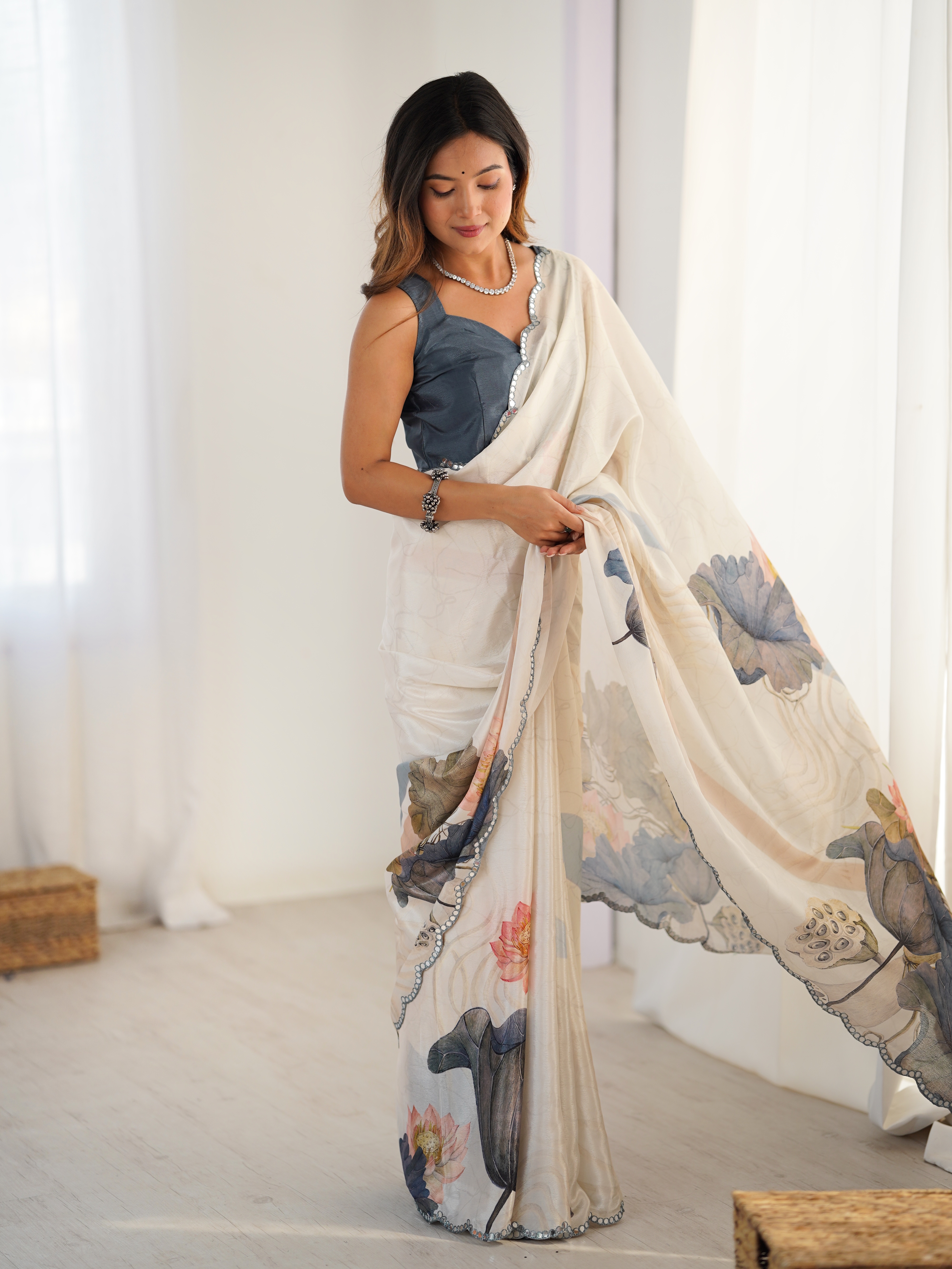 Ivory Beige Luxury Chinon Saree