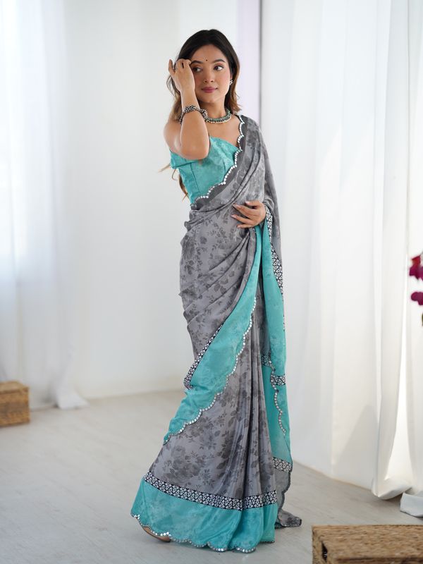 Grey Blue Designer Chinon Saree For Women