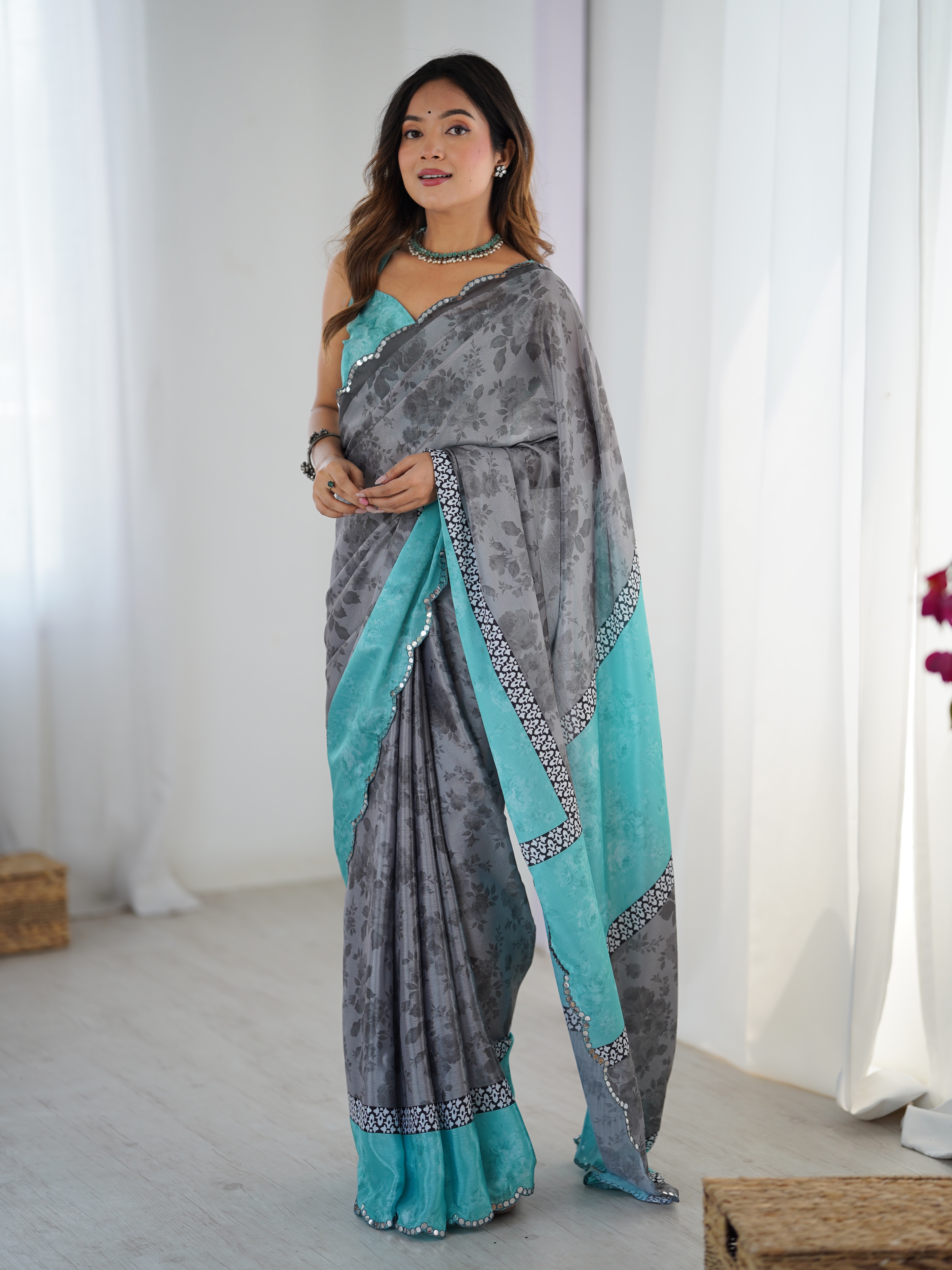 Grey Blue Designer Chinon Saree for Women