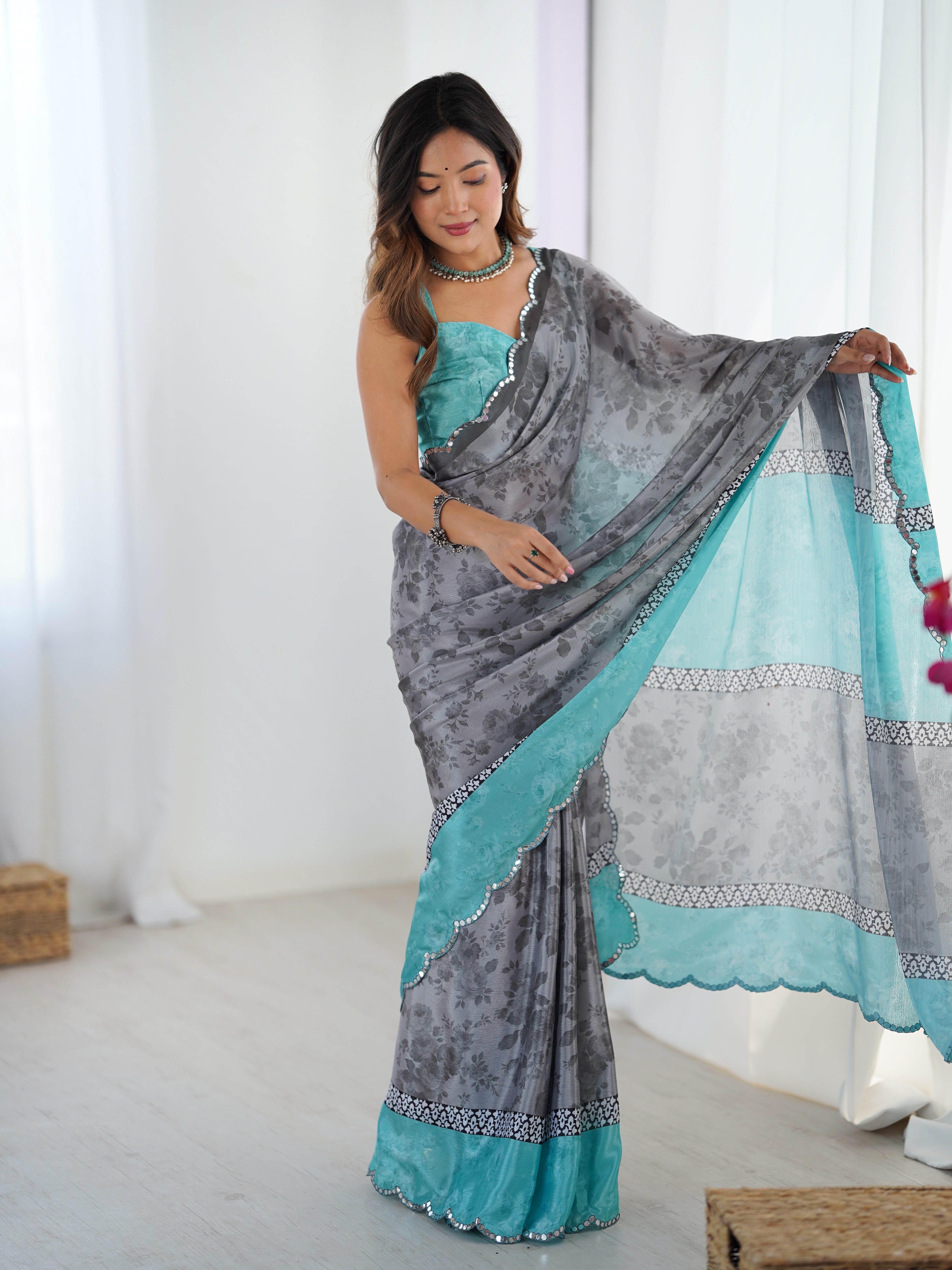 Grey Blue Designer Chinon Saree for Women